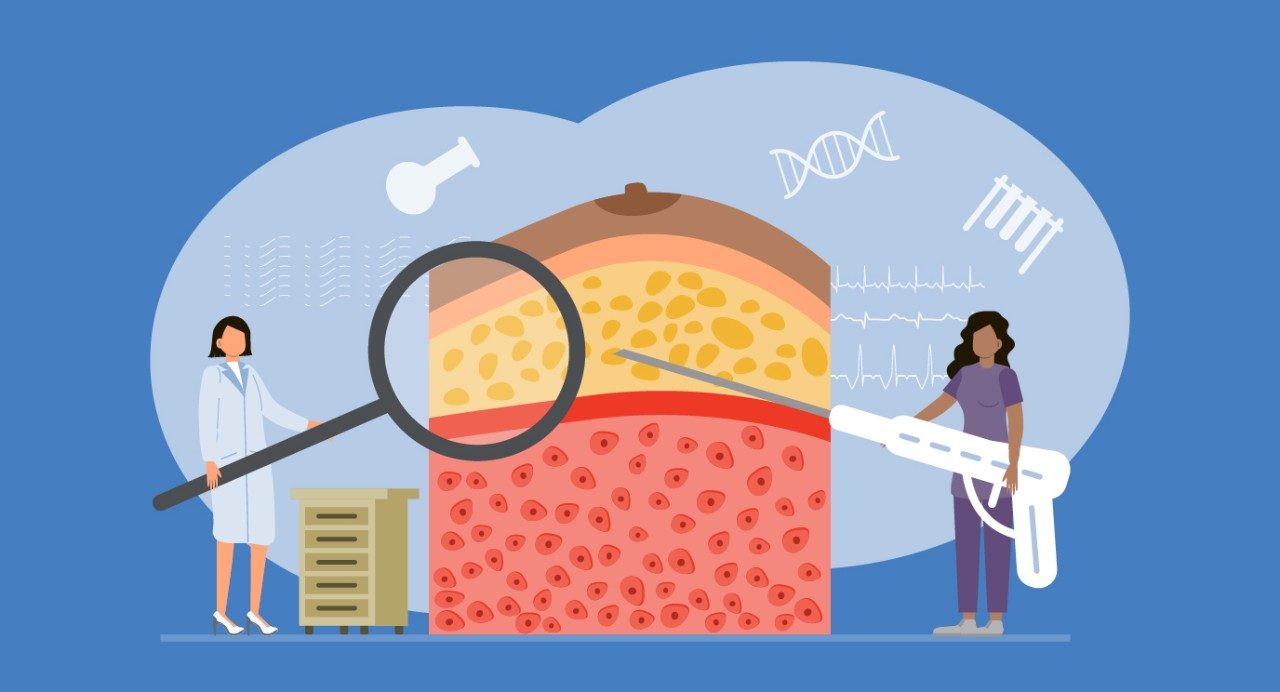 两位小医生用放大镜和生物采样探针向超尺寸剖面